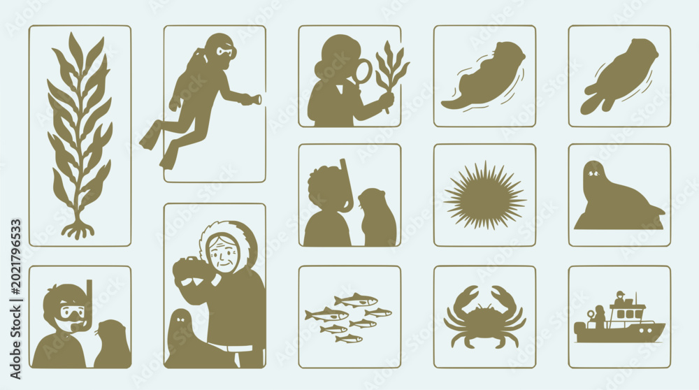 Fototapeta premium Marine Life Exploration Icons: Scuba Diver, Seals, Crab, Fish, Sea Urchin, Boat