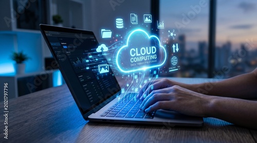 Cloud computing data transfer hologram over laptop