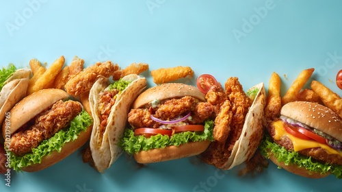 Variety of fast food items including burgers tacos and fried chicken on blue background.