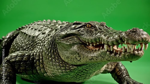 A close-up shot of a powerful crocodile with sharp teeth and scaly skin, looking directly at the viewer against a vibrant green background.