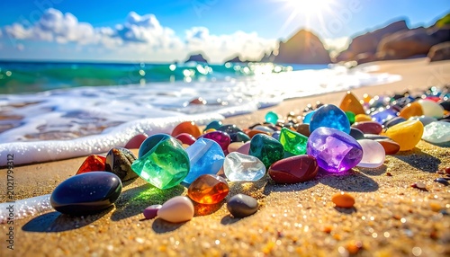 colorful sea glass on sandy beach.