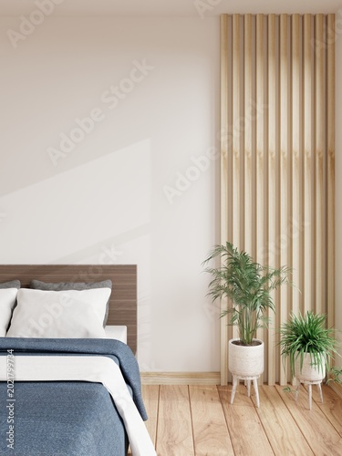 Minimalist Bedroom Interior with Wooden Wall.3d rendering.