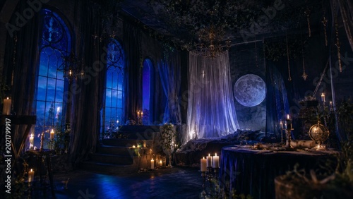 Dark moonlit bedroom with candles and gothic windows