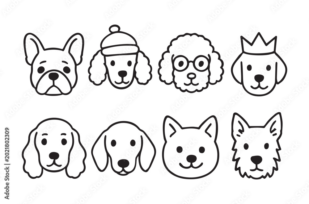 Fototapeta premium Line art illustration of various adorable dog breeds and faces