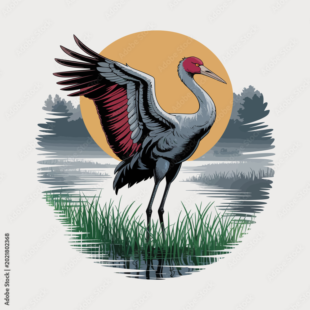 Obraz premium Gray Crane Bird with Red Head.