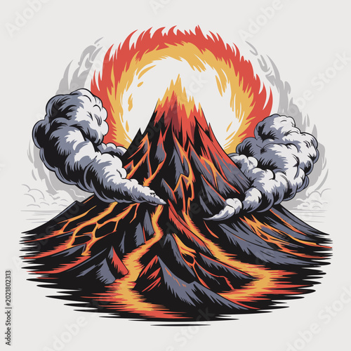 Photos Erupting Volcano Mountain with Lava Flow.