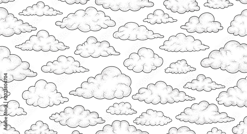 Fototapeta premium Seamless pattern featuring various fluffy cumulus clouds illustrated in a classic hand-drawn stippled ink style on a white background.