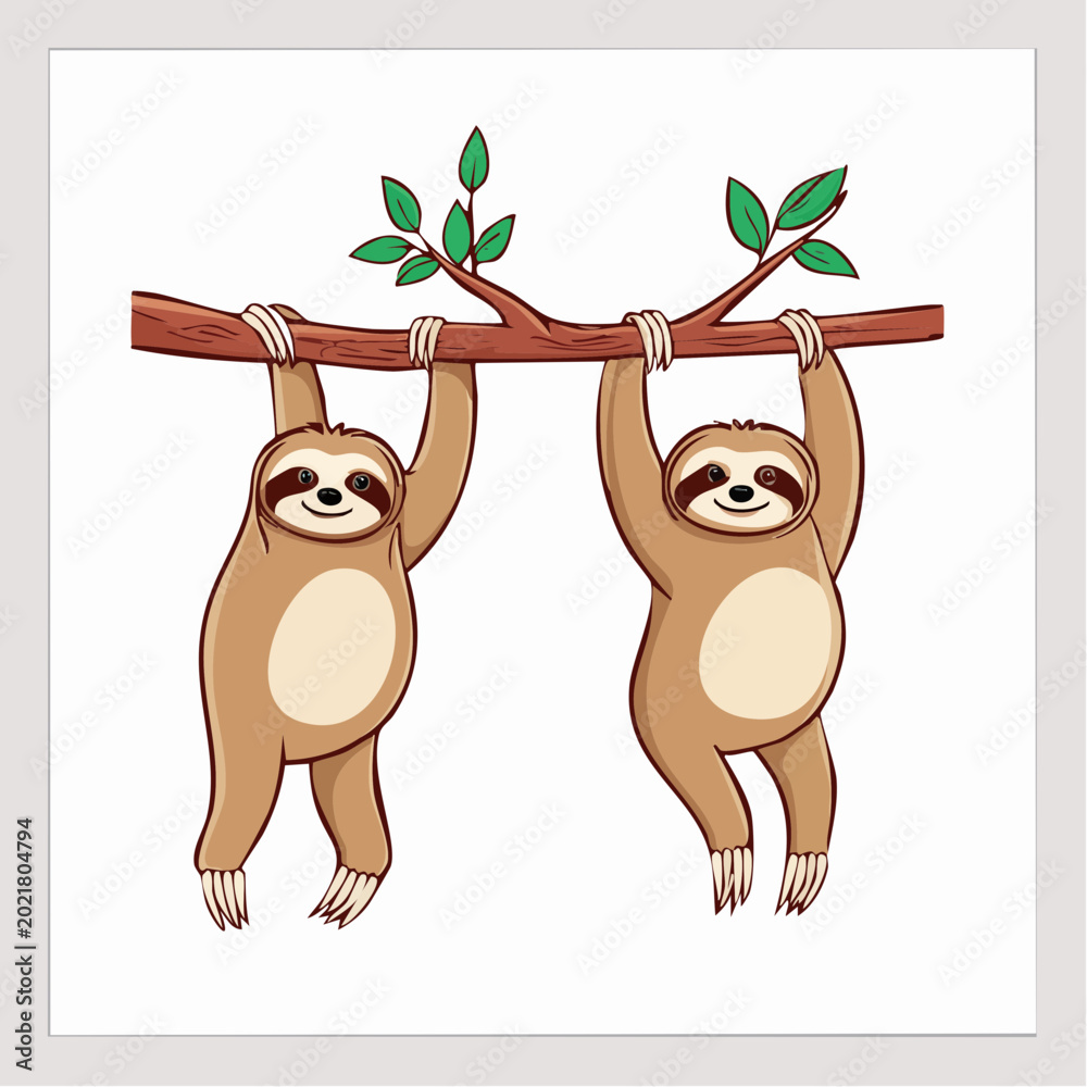 Fototapeta premium Two cute sloths hanging from a tree branch