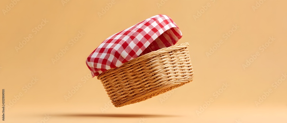 Obraz premium Woven wicker basket with red and white checkered cloth floating on peach background.