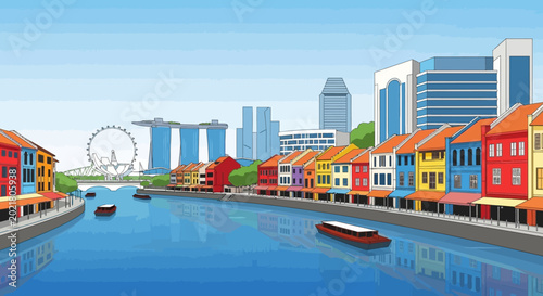 Cuadro en lienzo Colorful buildings line a vibrant river in Singapore.