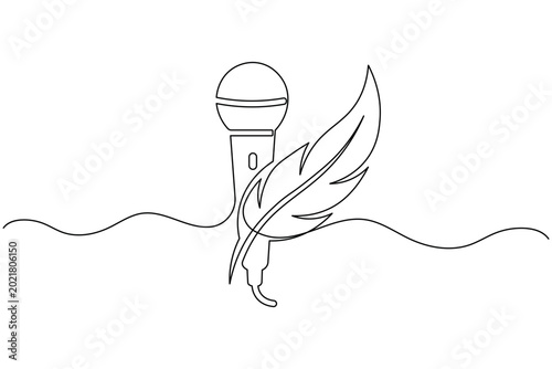 Microphone with feather continuous one line art vector illustration