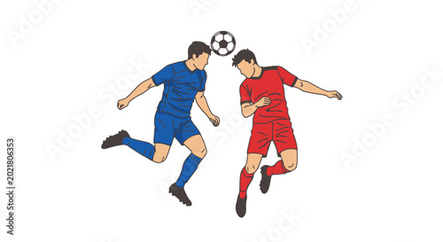 Valokuva Soccer players competing for the ball in a mid-air header duel, action shot