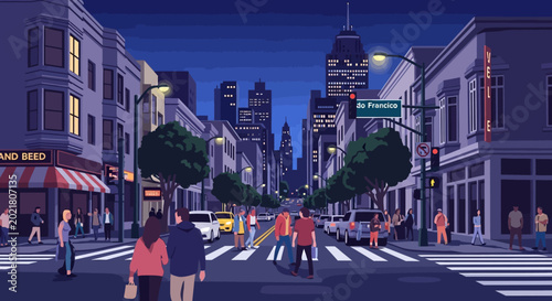 Fotografía People walking on a city street at night, enjoying the urban atmosphere