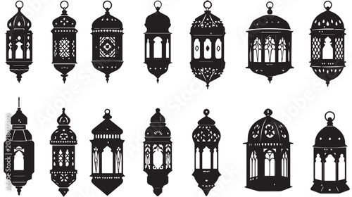 Set of vector silhouettes featuring European architecture landmarks and old city buildings, including a church tower, cathedral, and castle icons for travel and tourism design illustrations
