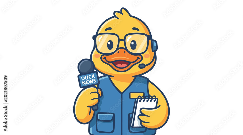 Naklejka premium Cartoon Duck News Anchor with Microphone and Notebook Flat Vector Illustration