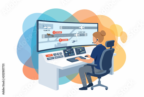 Fotografia Emergency dispatcher monitoring airport operations on curved display