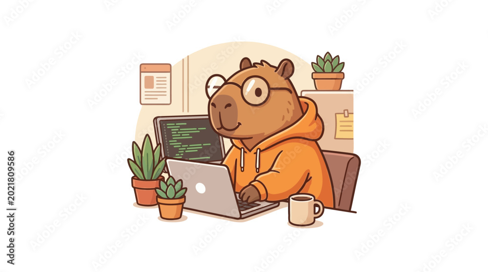 Fototapeta premium Cozy Tech Startup Capybara Developer Character Coding Vector Art