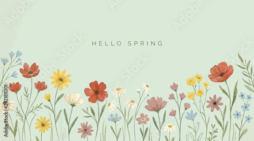 a soft spring meadow illustration on a pale mint green background with a subtle paper texture