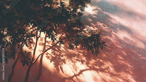 Tree silhouette with shadows on textured surface against a pink sky background