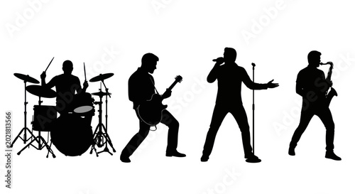 Photography Band Silhouette Performance: Drummer, Guitarist, Singer, Saxophonist on White Ba