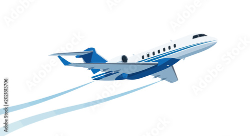 Luxury private jet taking off, sleek design, blue and white, with contrails