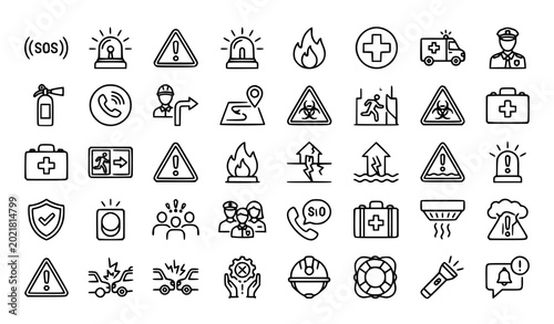 Bild auf Leinwand Emergency safety line icon set with SOS warning alarm and urgency vector collect