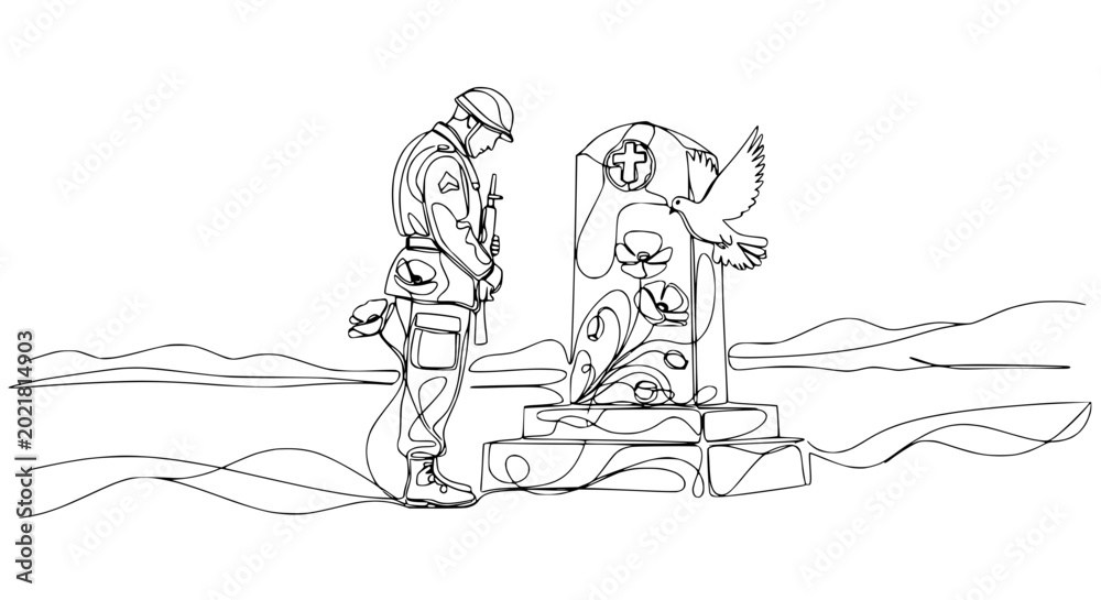 Obraz premium Soldier Bows Head At Grave, Memorializing Fallen Comrade With Poppies And Dove