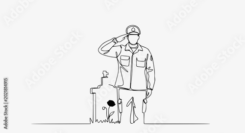 Принти на полотні Soldier Saluting Grave, Remembrance Day, Continuous Line Art, Memorial