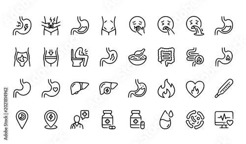 Fotografía Gastrointestinal health line icon set with stomach ache and digestive system vec
