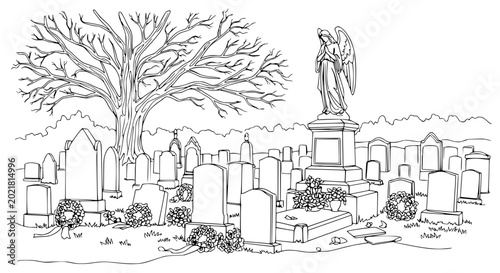 Quadro su tela Graveyard scene with angel statue, tombstones, and bare tree
