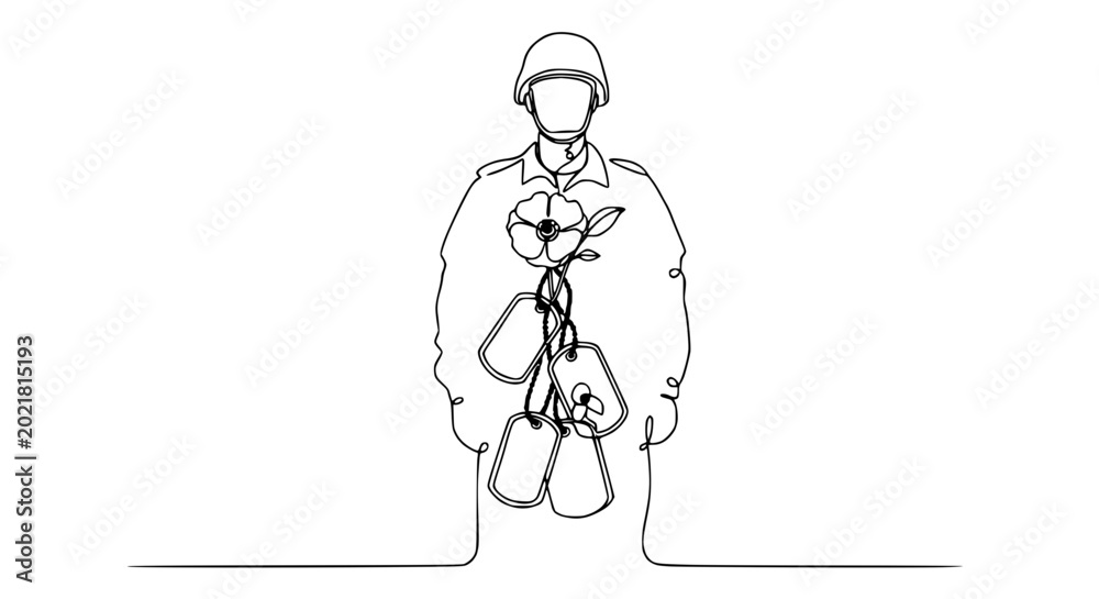 Fototapeta premium Soldier Remembrance: Continuous Line Art of Poppy and Dog Tags on Uniform