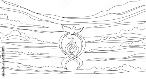 Foto Dove of Holy Spirit descending on flames with clouds background, religious symbo