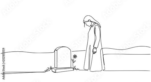 Photos Sad Woman in Mourning Standing at a Gravestone with a Flower, Single Line Drawin