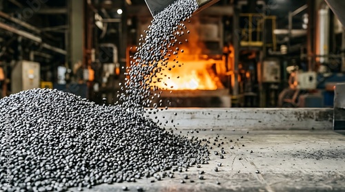 Iron ore pellets pouring into a hot smelting furnace at an industrial steel production factory