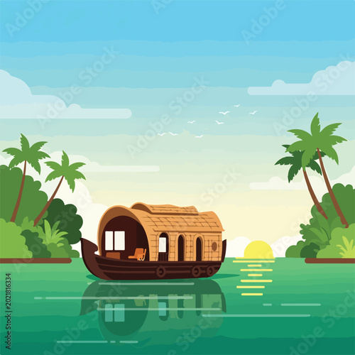 Fotografi A houseboat floats on turquoise water near a tropical island
