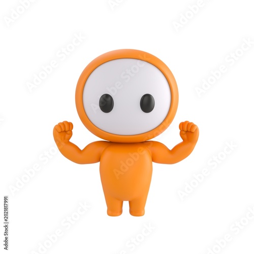 Foto Cute 3D render Orange Bot character flexing muscles to show strength, confident and powerful mascot style, isolated on white background