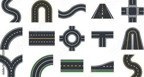 Bild auf Leinwand Asphalt road elements set with highway turns crossroad roundabout junction curve