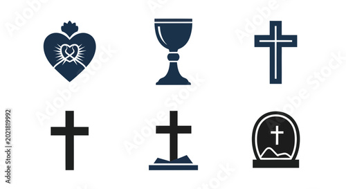 Foto Christian Religious Symbols Icon Set: Cross, Chalice, Sacred Heart, Tombstone