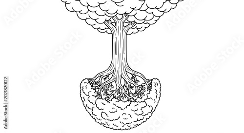 Foto Surreal Tree Growing Upside Down with Roots in Clouds and Canopy Touching Ground