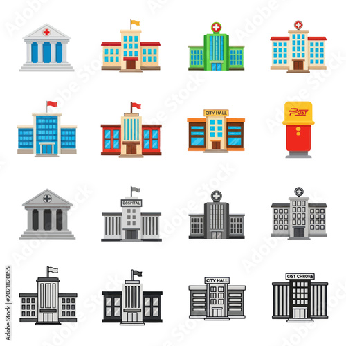 Schilderij op canvas Set of Public Building Icons: Hospital, City Hall, Courthouse, Post Office