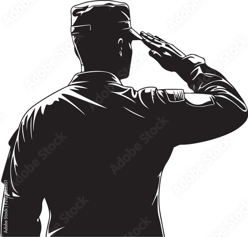 Black silhouette of a man in a military uniform saluting