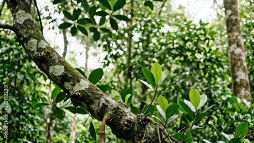 Two Large Ripe Jackfruits Hanging from a Tree in a Tropical Garden
