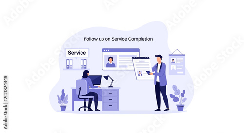 Customer service follow-up, employee checking client feedback on computer screen