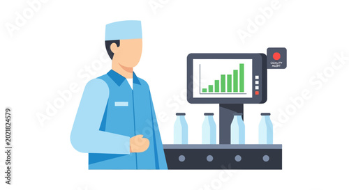 Factory worker monitoring production line with growth chart on screen