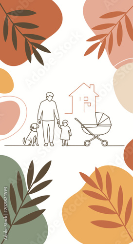 Family and dog with baby stroller and house outline, abstract shapes, autumn colors
