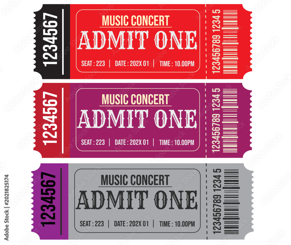 Obraz premium Concert tickets, music event passes, admit one, red, pink, gray, vector ticket design 