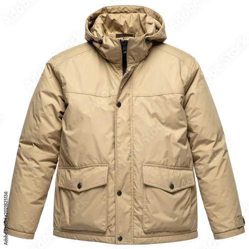 Men's Beige Hooded Puffer Jacket, Warm Winter Outerwear with Pockets Isolated on White Background