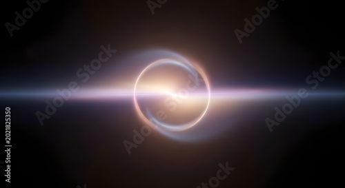 Vibrant abstract glowing ring of light with horizontal lens flare and energy effect on a dark background