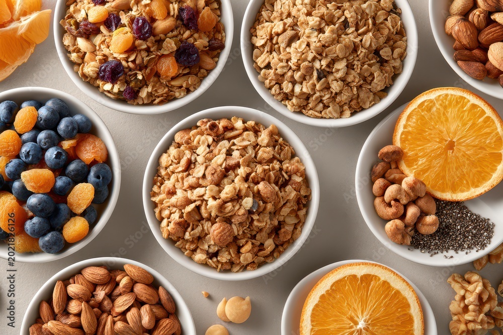 Fototapeta premium Assortment of healthy breakfast bowls with granola, fruits, nuts, and seeds, presented beautifully.