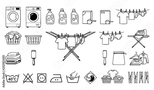 Detailed laundry and fabric care icon collection vector illustration isolated on white background